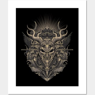 Samurai Head Engraving Art Posters and Art